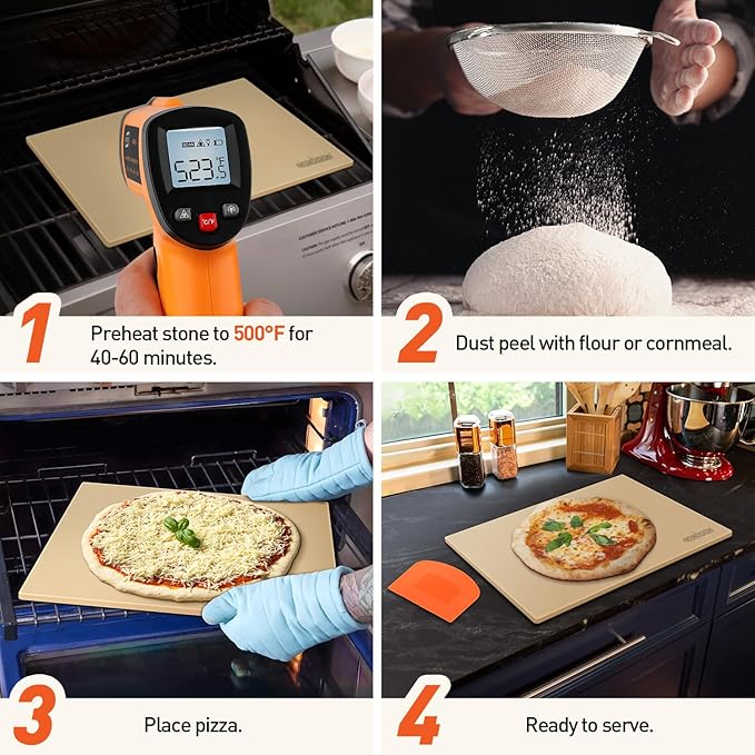 Pizza Stone for Grill 20 x 13.5 Inch, Rectangular Large Baking Stone for Bread Thermal Shock Resistant BBQ Grilling Pizza Pan Cordierite Oven Cooking Pan With PE Scraper