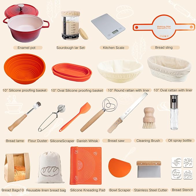 Super All-Inclusive Sourdough Starter Kit with Pot,Sourdough Bread Baking Supplies,4 Banneton Bread Proofing Baskets,Dutch Oven for Baking,Scale,34OZ Sourdough Starter Jar, Bread Making Tools Kit