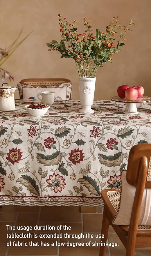 French Tablecloth for Rectangle Tables,Linen Table Cloth with Red Flowers Pattern,Heavy Durable Table Cover for Dining Thanksgiving Kitchen Decor Party Banquet Christmas,55"*79"