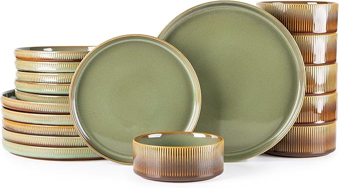TheTerra Ceramic Dinnerware Sets for 6, 18 Pieces Porcelain Lightweight Plates and Bowls Sets, Scratch Resistant Dish Set, Oven & Microwave & Dishwasher Safe, Brown Green