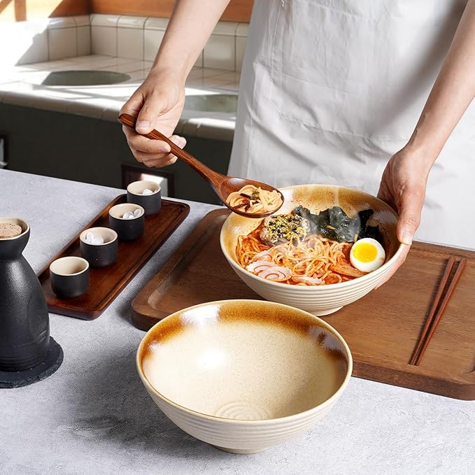 NUTRIUPS 8 Inch Ceramic Ramen Bowl Set of 2 Pho Bowls Japanese Noodle Udon Soup Bowls with Spoons and Chopsticks (Wheat Gold)