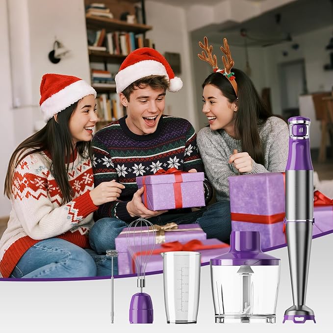 Immersion Blender Handheld Corded Hand Blenders Set 1100W, Trigger Variable Speed 5 in 1 Stick Emulsifier with Chopper, Whisk and Frother for Soup, Baby Food and Smoothies, Purple