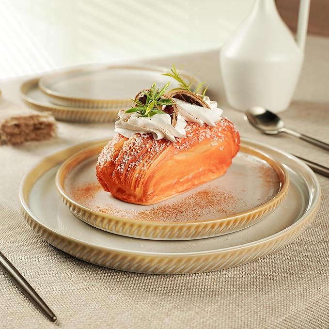 Earthsong Dinnerware Sets for 8, 24-Piece Ceramic Plates and Bowls Set, Dishwasher and Microwave Safe Stoneware Dishes Set, Ribbed, Sculpted Dune