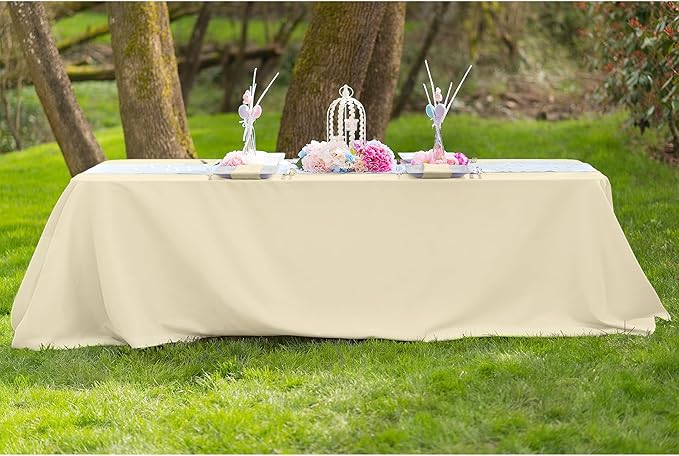 LTC LINENS 5-Pack Beige Rectangular Tablecloths 90 in x 156 in with Rounded Corners - Ideal for 8 ft Tables with Floor-Length Drop - Polyester Fabric Cloth Table Covers for Wedding, Party