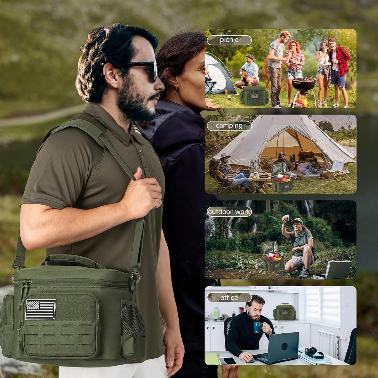 QT&QY Tactical Lunch Bag for Mens Military Heavy Duty Lunch Box Work Leakproof Insulated Durable Thermal Cooler Bag for Adult Meal for Office Camping Picnic Pail MOLLE Webbing Army Green