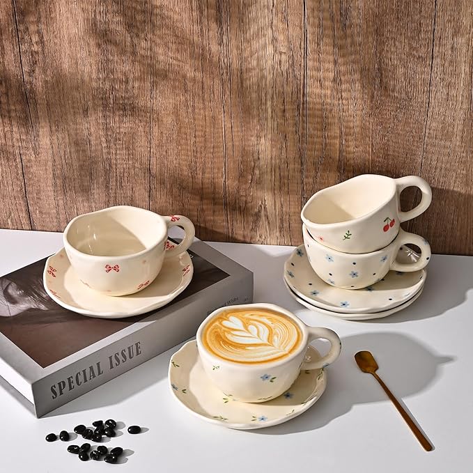 Koythin Ceramic Coffee Mug with Saucers, Handmade Flowers Mugs, Cute Cup for Girl Women, Aesthetic Tea Milk Cup with Handle, 8.5 oz/250 ml for Latte, Cocoa, Office, Home (Rose Blue Flower)