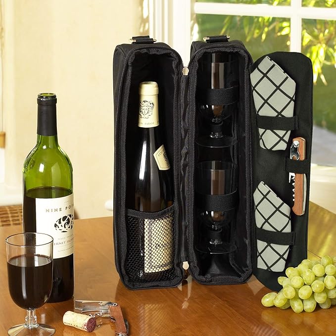 Picnic at Ascot Insulated Wine Tote with 2 Wine Glasses, Napkins and Corkscrew -Designed & Assembled in the USA