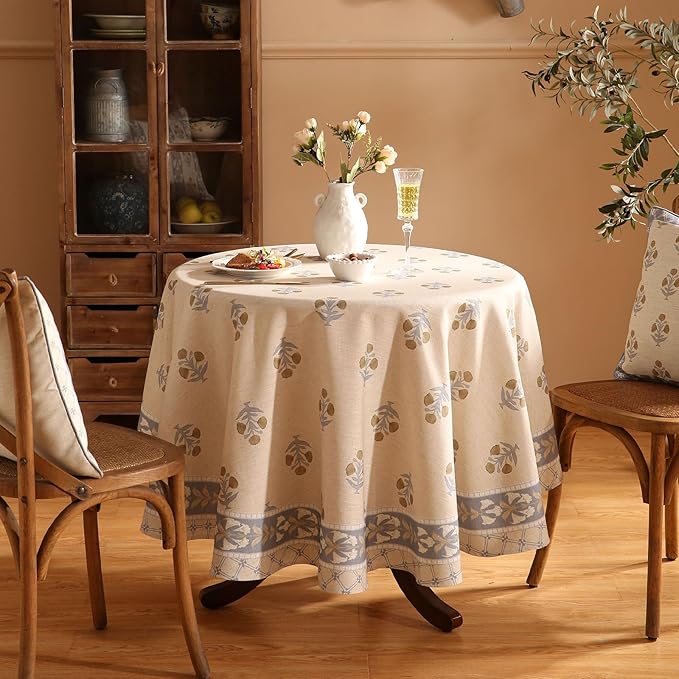patdrea Designer Beige Tablecloth for Round Tables,Vintage Linen with Yellow Flowers Pattern Tablecloths,Rustic Floral Table Cover Cloth Decor for Kitchen Dining Christmas,Diameter 55"