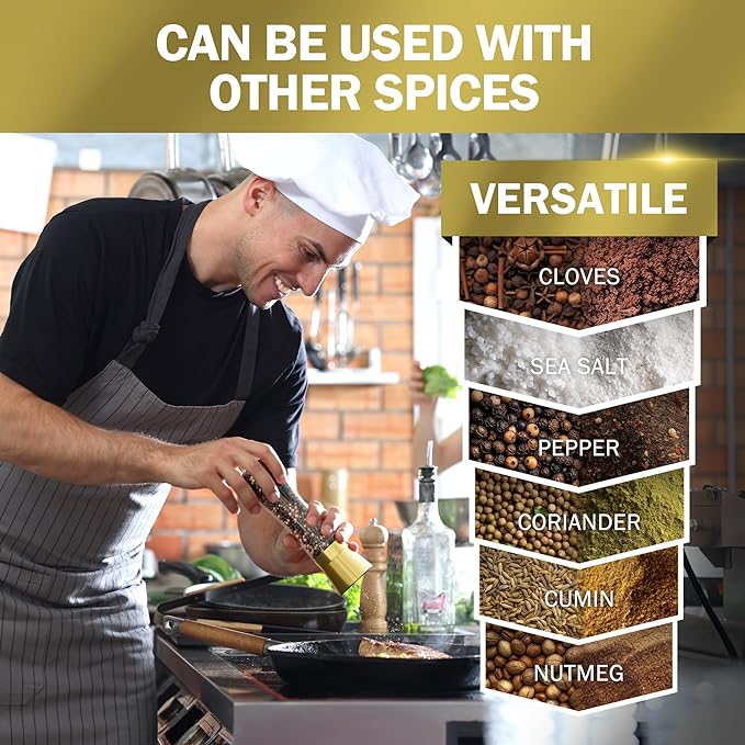 Home EC Original Gold Salt and Pepper Grinder Set of 2 - Adjustable Ceramic Grinder - Tall Glass Salt and Pepper Shakers With Funnel and Ebook - Kitchen Spice Mill - Gold Kitchen Accessories