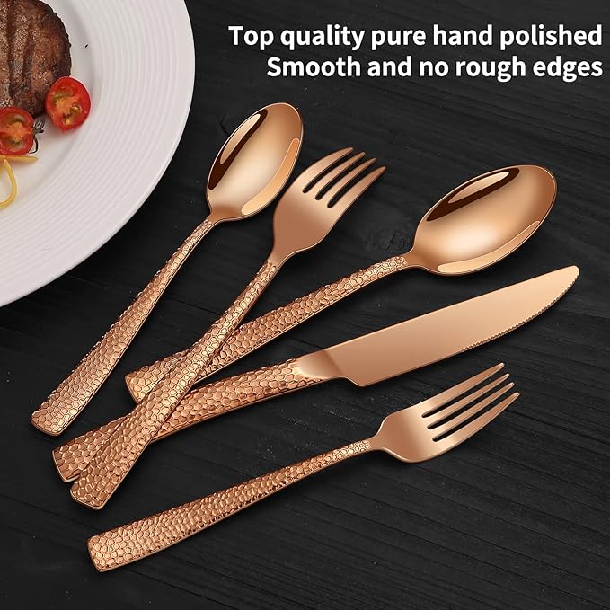 20-Piece Rose Gold Hammered Stainless Steel Flatware Set for 4, Including Fork, Knife, Spoon Set, Home Kitchen Cutlery Sets, Dishwasher Safe
