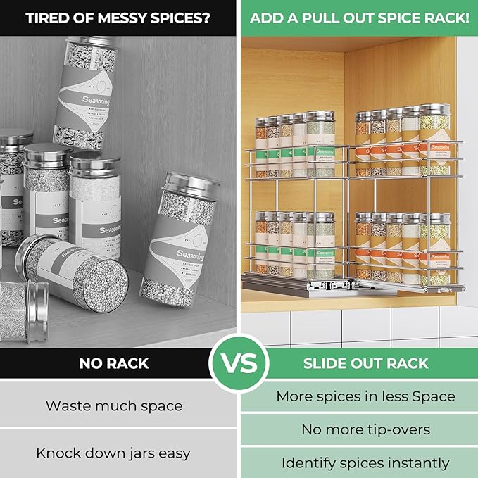 Pull Out Spice Rack Organizer for Cabinet, Slide Out Spice Racks, Easy to Install Spice Cabinet Organizer, 2.1''Wx10.35''Dx8.26''H, 2 Drawers 2 Tiers(Silver)
