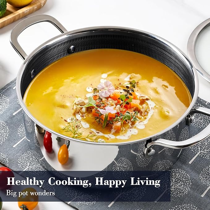 Tri-Ply Stainless Steel Stock Pot, 5 Quart Pot with Lid - Non Stick Pots -Induction Ready, Cooking Pots with Lids, Cool Handles, Dishwasher (Stainless Steel, 5.2QT)