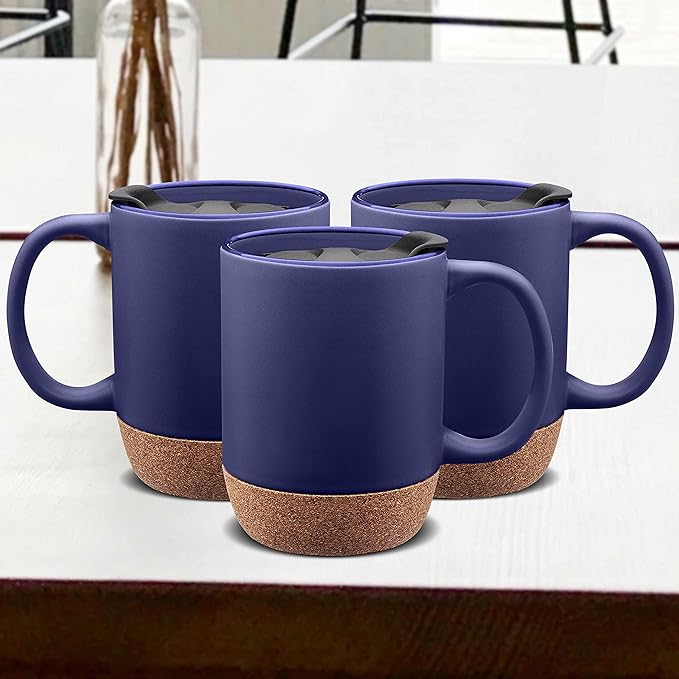 DISCOUNT PROMOS Barista Ceramic Mugs with Cork Bottom 13 oz. Set of 12, Bulk Pack - Perfect for Coffee, Tea, Espresso, Hot Cocoa, Other Beverages - Blue