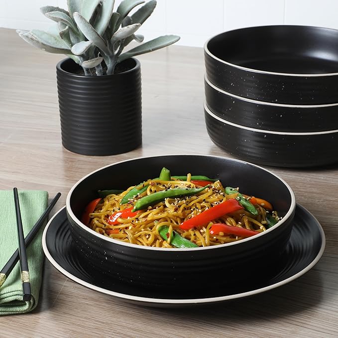 Gibson Home Dinah 16 Piece Double Bowl Stoneware Embossed Speckled Dinnerware Set - Matte Black