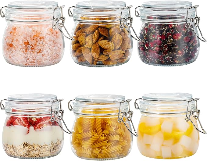 17oz Airtight Glass Jars with Lids, Set of 6 Small Food Storage Containers & Canisters, Clear Mason Jars with Wire Clip Seal for Canning, Pickling & Kitchen