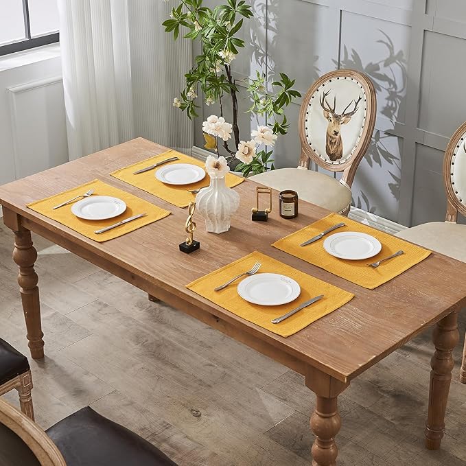 BALCONY & FALCON Placemats Set of 6 Faux Linen Cloth Place Mats Washable Waterproof Wrinkle Resistant Table Placemats for Dining Kitchen Farmhouse Indoor & Outdoor Use(Golden, 13.8”x 17.7”
