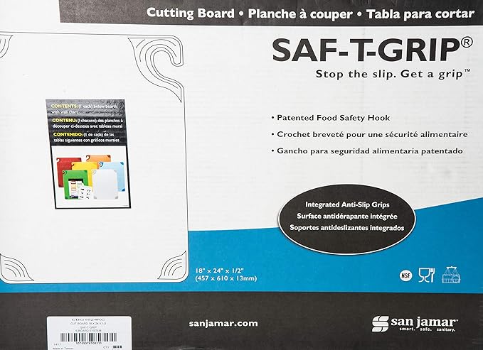 San Jamar Saf-T-Grip Plastic Cutting Board With Safety Hook, 18" x 24" x 0.5", Assorted Colors, (Set of 6)