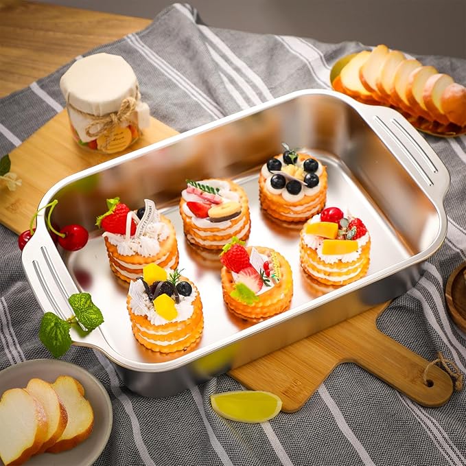 2 Pcs Stainless Steel Deep Baking Pans for Oven Rectangle Cake Pan Bakeware for Fish Cakes Breads Casseroles Vegetables Dishwasher Safe, 13 x 9 x 3. 35 Inch