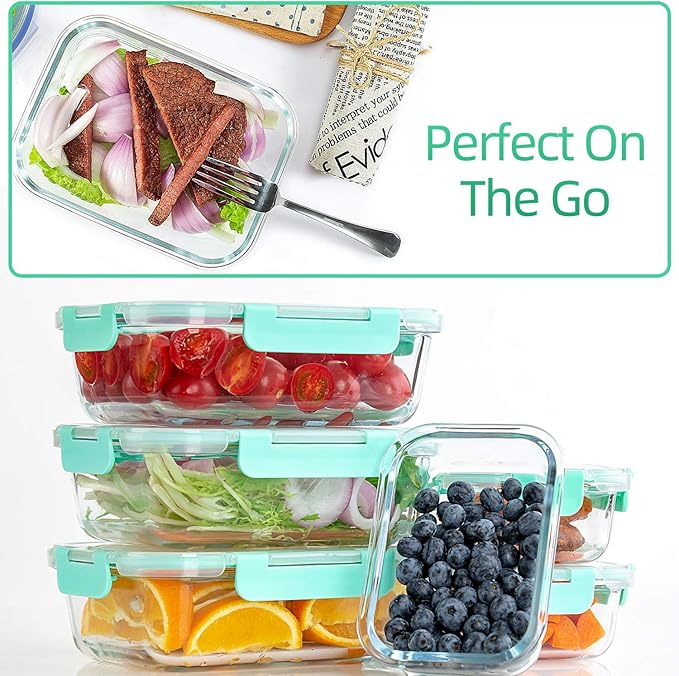 UMEIED 10 Pack Glass Food Storage Containers with Lids Leakproof, Airtight Glass Meal Prep Containers For Lunch, On The Go, Leftover, Dishwasher Safe