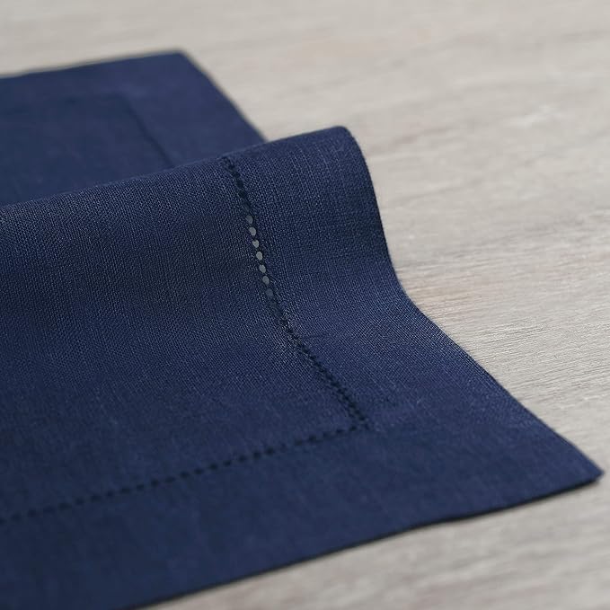 Solino Home Linen Cloth Placemats Set of 6-100% Pure Linen Hemstitch Navy Blue Placemats 14 x 19 Inch - Classic Hemstitch Table Place Mats for Thanksgiving, Christmas, Holiday, Winter
