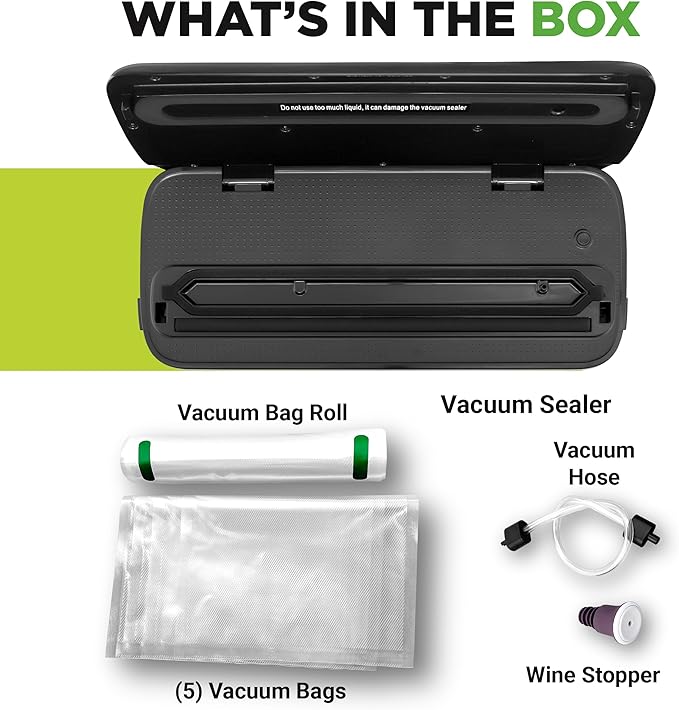 NutriChef Automatic Food Vacuum Sealer, Electric Air Sealing Preserver System for Dry and Moist Foods, LED Control, Strong Suction, Includes Bags, Wine Stopper Cork, and Air Suction Hose, 14”x6”x3”