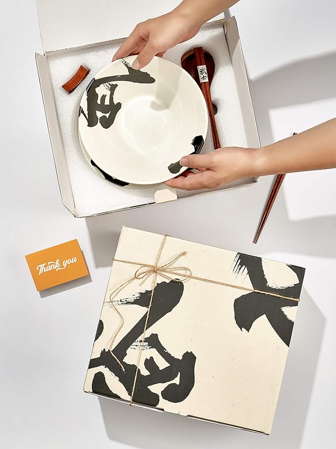 Japanese Ceramic Ramen Bowl Set, 60oz Large Ramen Bowls with Chopsticks, Spoons and Chopstick Rests ā Bowl for Ramen, Pho, Salad, Poke, Soup, Udon ā Minimalist Design, Premium Quality, White