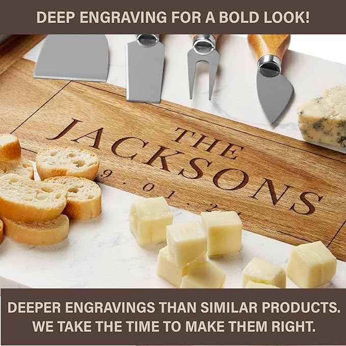 Personalized Wedding Gifts for Couples,Marble Wood Charcuterie Board,Newlyweds,Bridal Shower Gifts for Bride, Husband,Wife,Engagement Gifts,Mr and Mrs Gifts,Custom Laser Engraved Cheese Serving Board