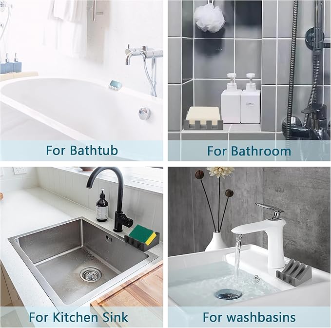 Self Draining Soap Dish,Silicone Suction Cup Soap Holder, Bathroom Soap Dish for Bar Soap,Can Extend Soap Life,Bathroom, Bath Tub, Kitchen Sink (4, Light Grey)