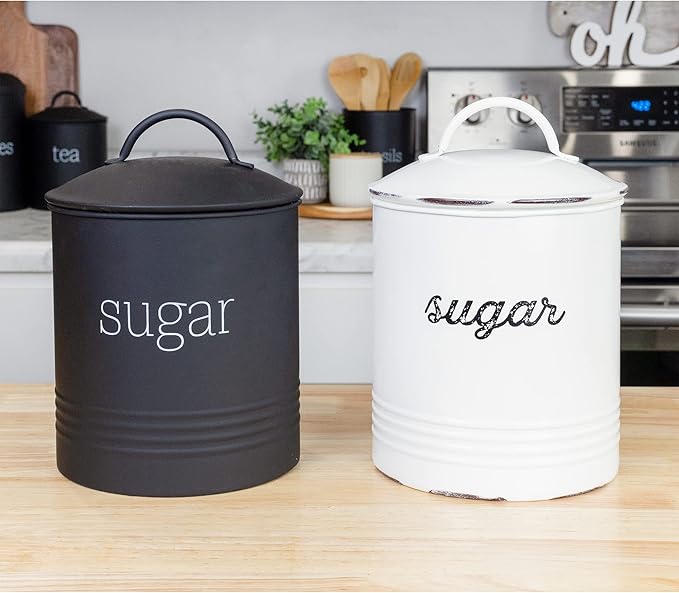 AuldHome Design Enamelware Black Sugar Canister; Modern Farmhouse Staples Storage for Kitchen