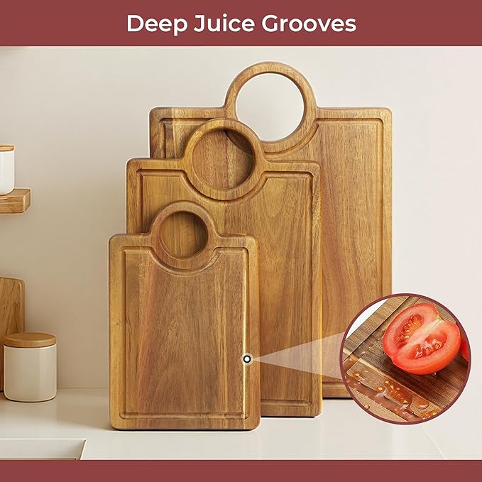 Acacia Wood Cutting Boards set of 3 with Juice Groove & Handle Thickened Design Including Large(Chopping)/Medium(Prep)/Small(Serving) Multi-functional for Kitchen or Serving Tray