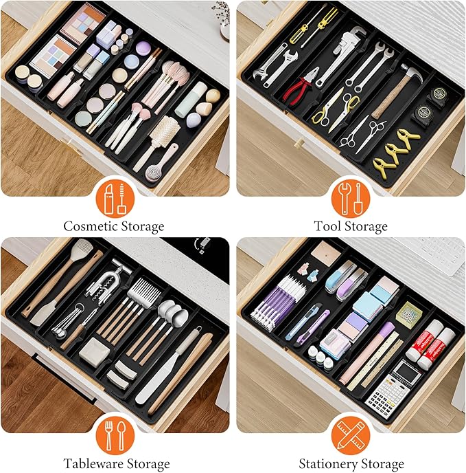 Large Silverware Organizer, Expandable Utensil Drawer Organizer for Kitchen Drawers, Kitchen Drawer Organizer for Spoons/Forks/Knives, Multipurpose & BPA Free Cutlery Tray, Black, 1 Pack