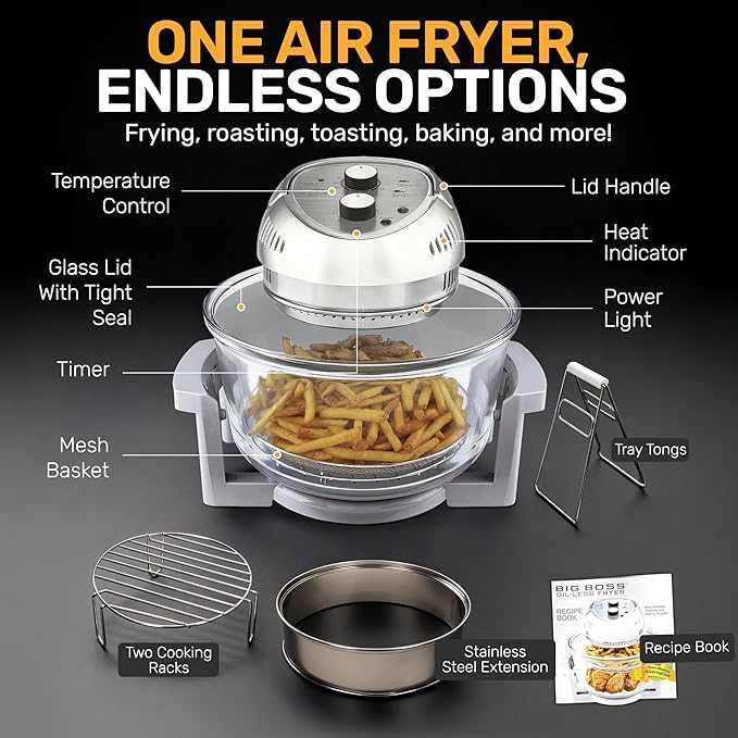Big Boss 16Qt Large Glass Air Fryer Non Toxic – Family Sized Large Halogen Oven Cooker with 3 Cooking Sections, Stainless Steel Racks, French Fries, Chicken, No Preheat, Self Cleaning, Dishwasher Safe