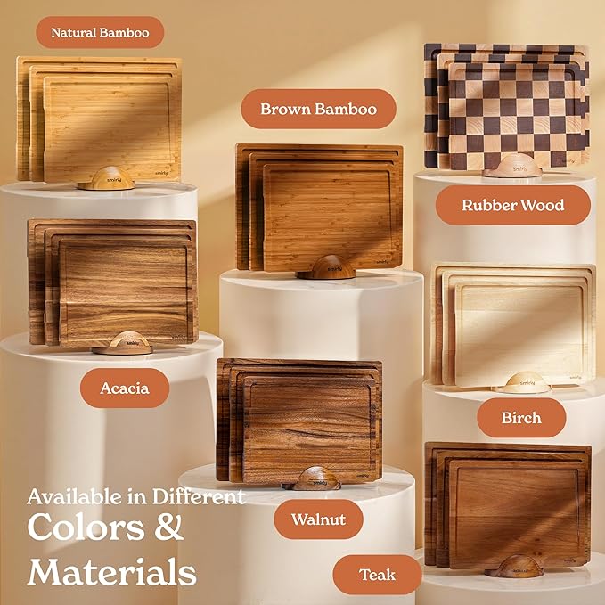 SMIRLY Wood Cutting Boards for Kitchen Wooden Chopping Board Set Reversible with Deep Juice Grooves Grip Handles, Large Charcuterie Tray for Home Kitchen, Natural Birch, 3Pcs with Holder