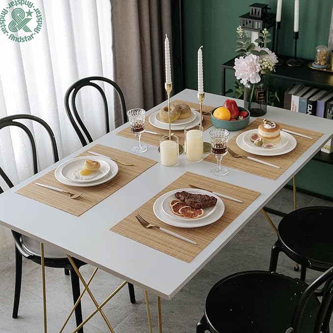 ANDSTAR Bamboo Placemats Set of 6 Non-Slip - 12x18 Inch Waterproof Table Mats for Dining, Eco-Friendly Reusable Dishwasher Safe Kitchen Decor, Thick Heat Resistant Home Accessories (Brown)