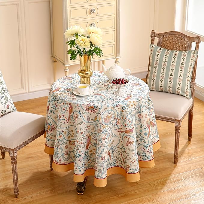 patdrea Designer Yellow French Spring Summer Tablecloth,Rustic Linen Floral Birds Table Cloth for Round Tables,Decor Table Cover for Kitchen Dining Holiday Banquet,Christmas,Diameter 67"