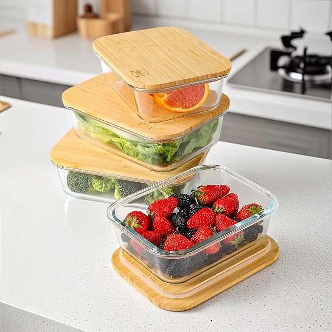DE Glass Food Storage Containers with Bamboo Lids, (4, Pack 2 x 35oz & 2 x 51oz) Pack Meal Prep Glass Containers Safe for Microwave, Oven, Freezer and Dishwasher, BPA Free