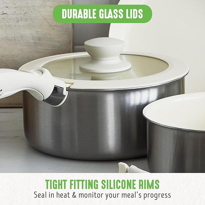 GreenLife Stainless Steel Nonstick 10 Piece Cookware Set, Detachable Handle, Induction Ready, Stackable Kitchen Set, Tri Ply Ceramic PFAS Free Pots & Pans, Space Saving, Oven Safe, Glass Lid, Silver