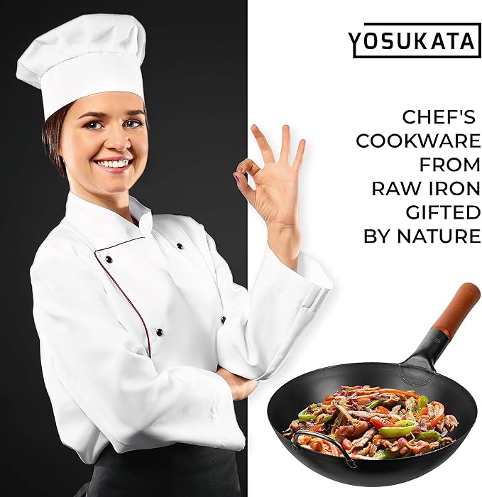 YOSUKATA 11.8" Carbon Steel Wok Pan – Pre-Seasoned Flat Bottom Pow Wok for Stir Fry, BBQ, Grill & Camping – Traditional Japanese Chinese Cookware – Compatible with Induction, Electric, Gas, Open Fire