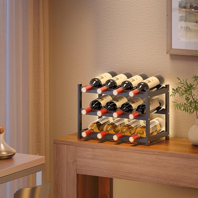 Wine Rack Countertop for 12 Wine Bottles and 4 Glass Holder, Small Bamboo Free Standing Racks Tabletop Display, Wooden Wine Storage Organizer for Cabinet Pantry Kitchen Bar Home Dining Room (Black)