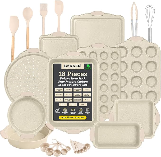 18-Piece Deluxe Nonstick Carbon Steel Bakeware Set - Professional Kitchen Oven Baking Pans with White Silicone Handles and Accessories