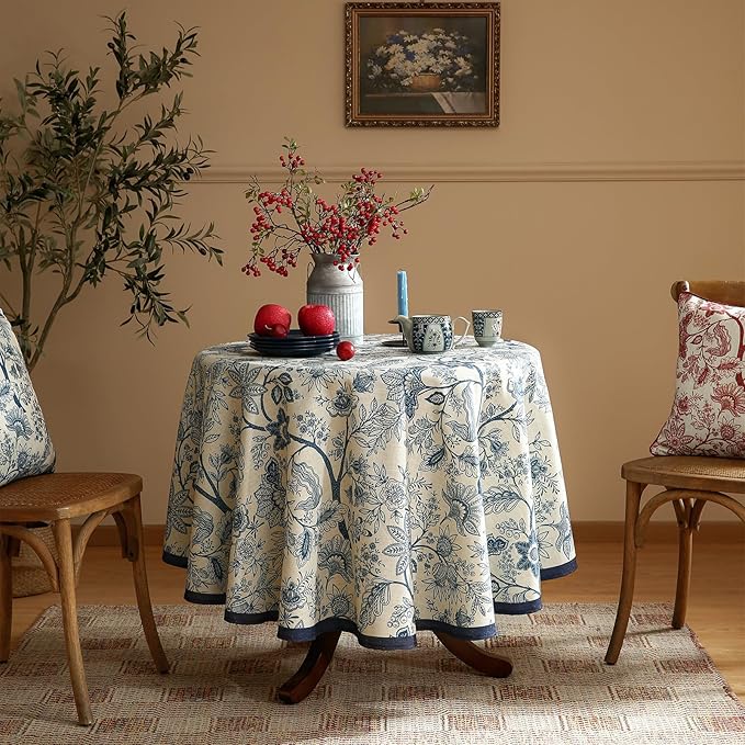 French Floral Tablecloth for Round Tables,Linen Table Cloth with Blue Flowers Pattern,Heavy Durable Table Cover for Dining Kitchen Decor Party Banquet Christmas, Diameter 55"