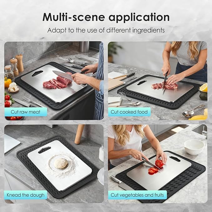 2mm Thicker Upgraded Anti-Slip 2pcs Cutting Boards,316 Food Grade Stainless Steel,Healthy Kitchen Cutting Board,With Anti-Slip Pad Perfect For Chefs,Campers,And Gifts,14.2x9.8in,11.8x9.1in