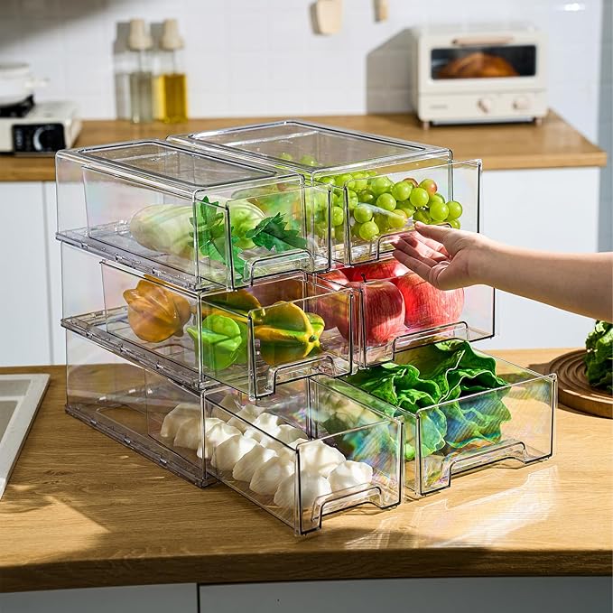 PeJeyiee 4 Pack Clear Stackable Refrigerator Organizers and Storage Drawers - Pull-Out Fridge Bins with Anti-Slip Base & Easy Clean, Plastic Organizers for Kitchen Pantry Cabinet Closet (Large)