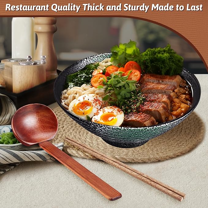 8-Inch Large Ceramic Ramen Bowl Set of 2 (9 Piece) - Microwave & Dishwasher Safe Porcelain Japanese Salad Noodles Cereal Fruit Pasta Soup Bowls with Recipes Chopsticks Forks Spoons for Men Women Gift