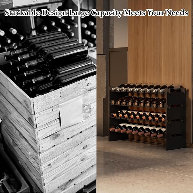 Bambloom Wine Rack Freestanding Floor, Wooden Stackable Bottle Storage Rack for Kitchen,Cellar. 36 Bottles Wine Holder Display Shelves for Champagne(Black)