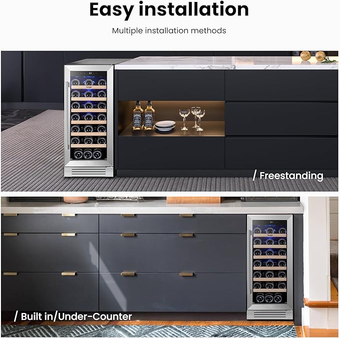 Yeego Wine Fridge - 15 inch 33 Bottles 40-65℉ Temperature Touch Control, Built-In/Under Counter/Freestanding Wine Cooler Refrigerator with Glass Door, Perfect for Bar, Home, Kitchen Cabinet, Office
