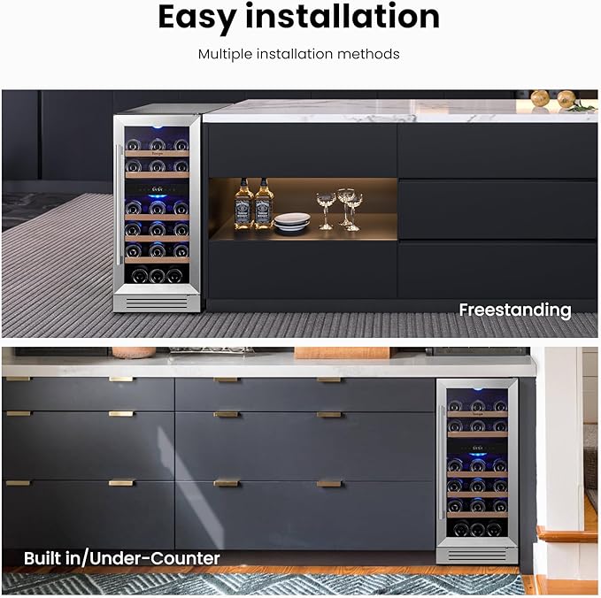 Yeego 15 Inch Dual Zone Wine Fridge, 28 Bottles Wine Cool Refrigerator with Glass Door, Built-in/Freestanding/Under Counter, Ideal for Home & Kitchen
