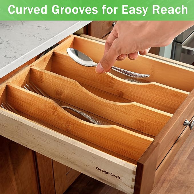 Greenual Silverware Organizer 10 In Utensil Organizer Silverware Tray for Drawer Cutlery Flatware Organizer for Kitchen Bamboo Wood