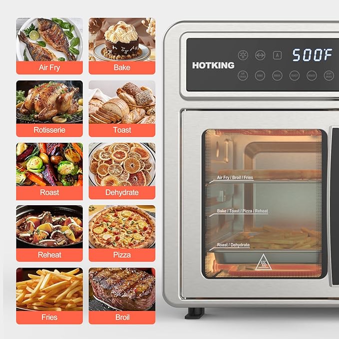 HotKing Dual-Zone Air Fryer Toaster Oven Combo, 28 QT Extra Large, Non Toxic Stainless Steel Convection Oven with French Door, Countertop Airfryer with Window, Racks, Rotisserie, Dehydrator, ETL Rated