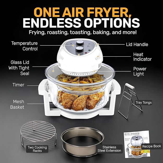 Big Boss 16Qt Extra Large Glass Air Fryer Non Toxic – Family Sized 4 in 1 Cooker with 3 Cooking Sections, Stainless Steel Racks for French Fries, Chicken, No Preheat, Self Cleaning, Dishwasher Safe